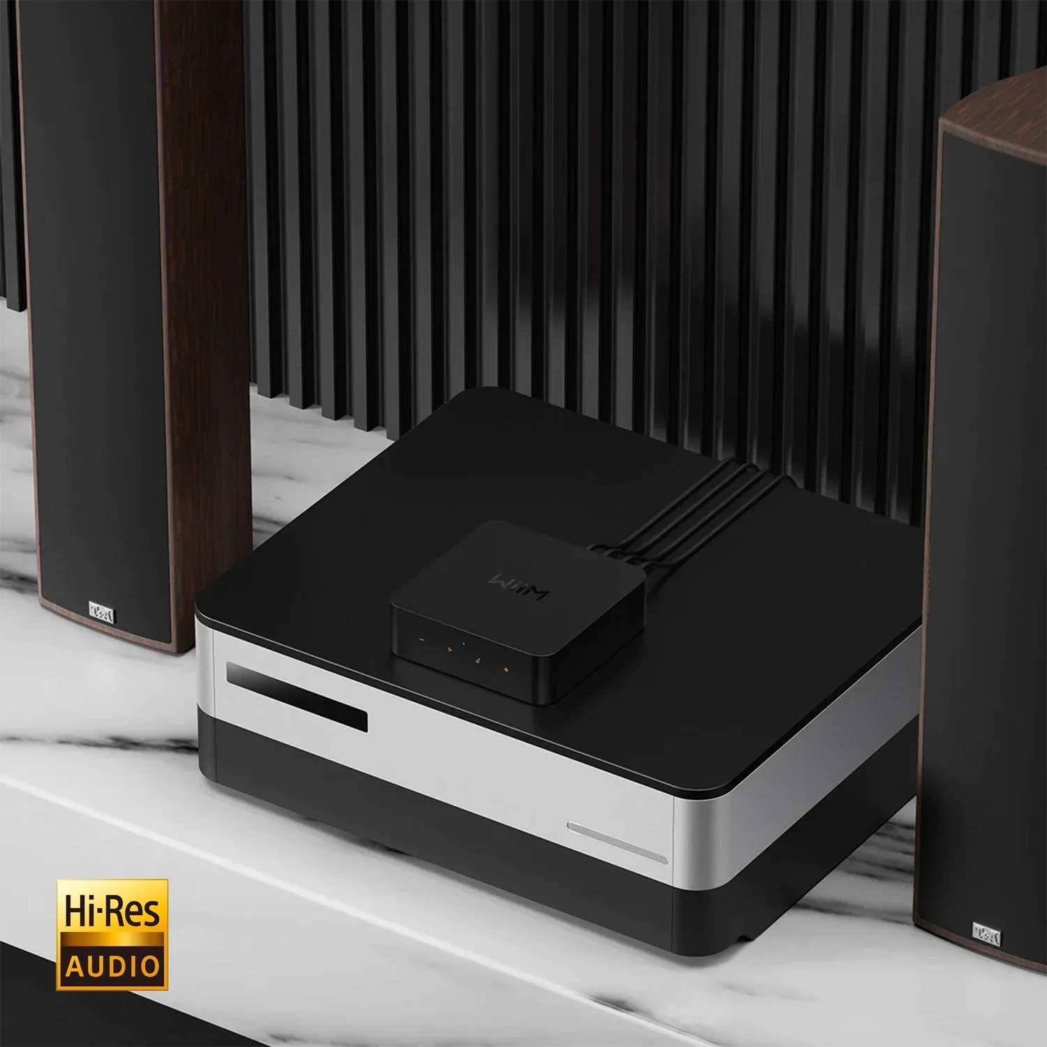 WiiM Pro Hi Res Audio Streamer an Anlage mit zwei Boxen